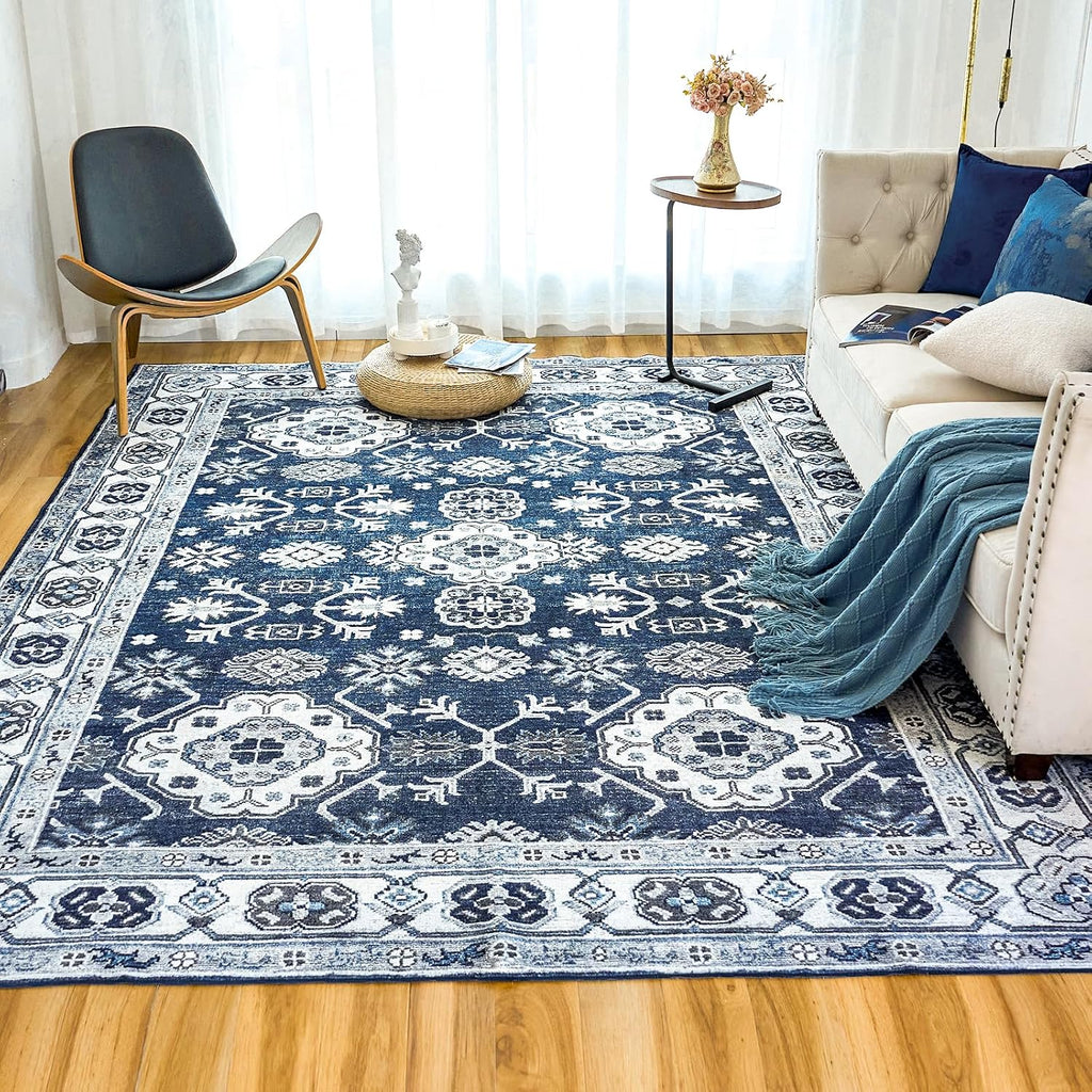 Blue 6x9 Vintage Washable Non-Slip Area Rug