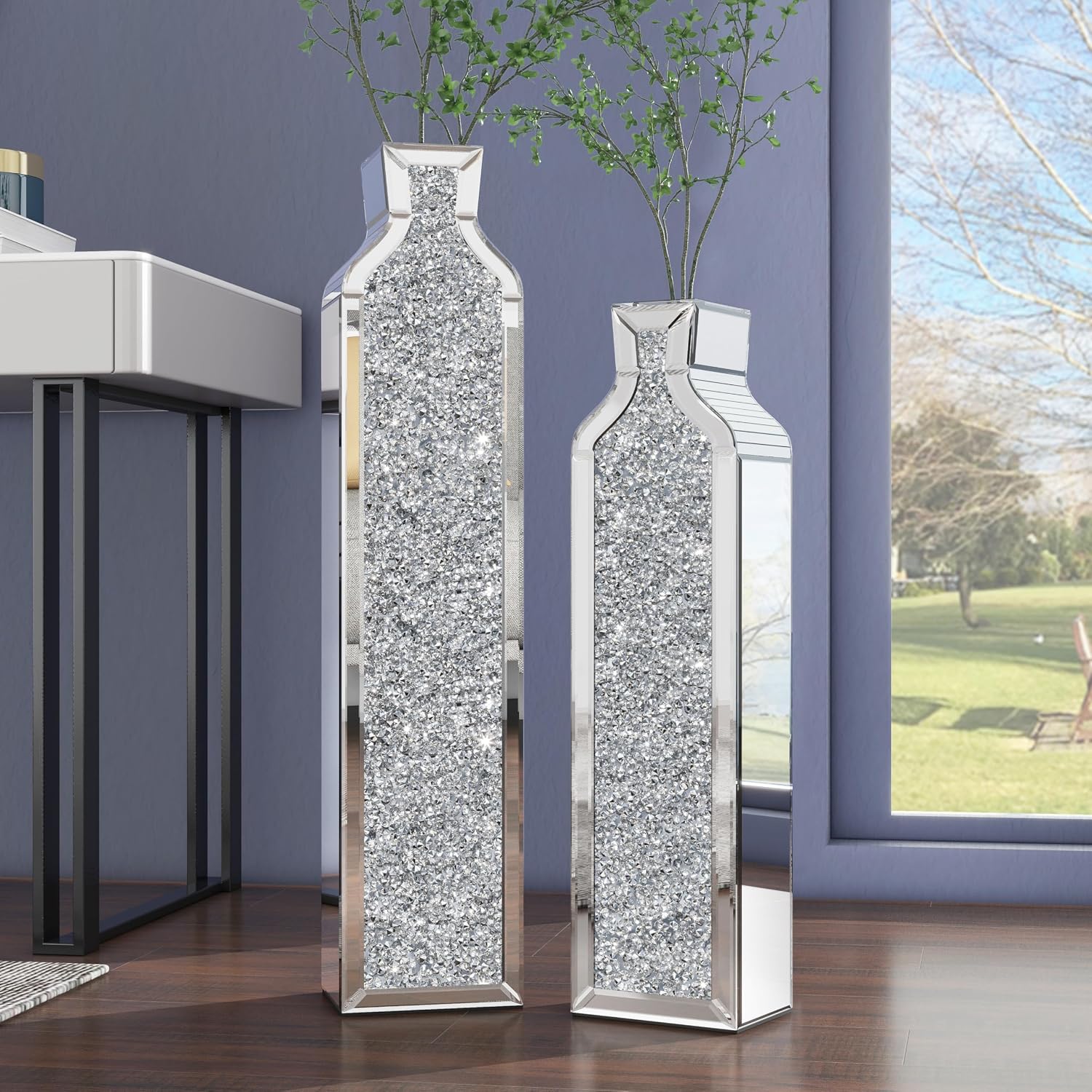 Set of 2 Silver Crushed Diamond Tall Floor Vases 24/30"