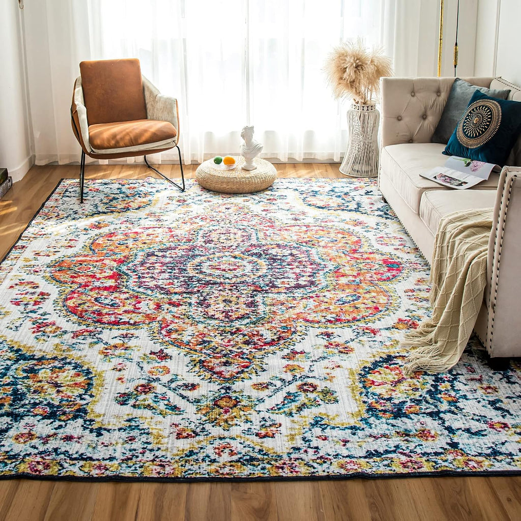Blue Yellow 6x9 Machine Washable Vintage Area Rug