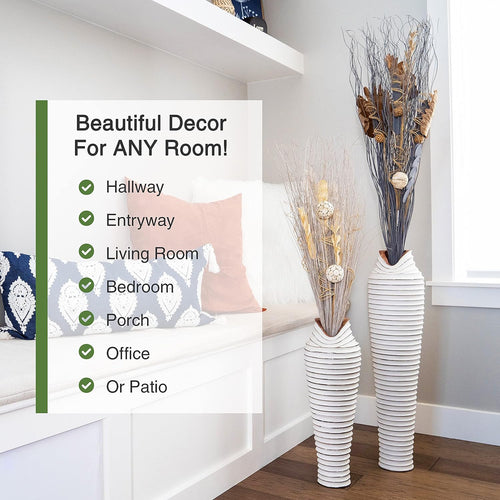 32" Extra Large White Wooden Ribbed Floor Vase