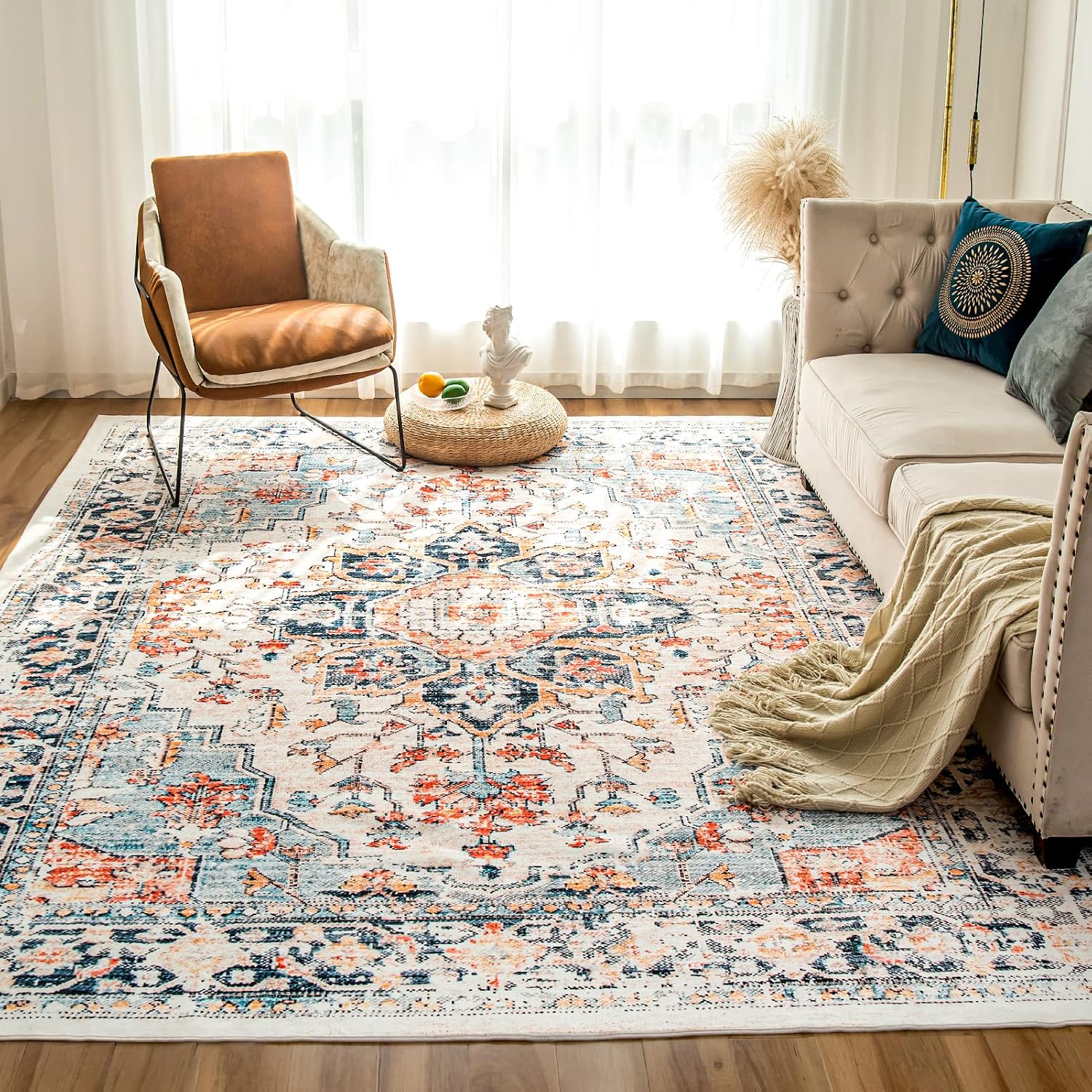 Blue 6x9 Machine Washable Vintage Area Rug