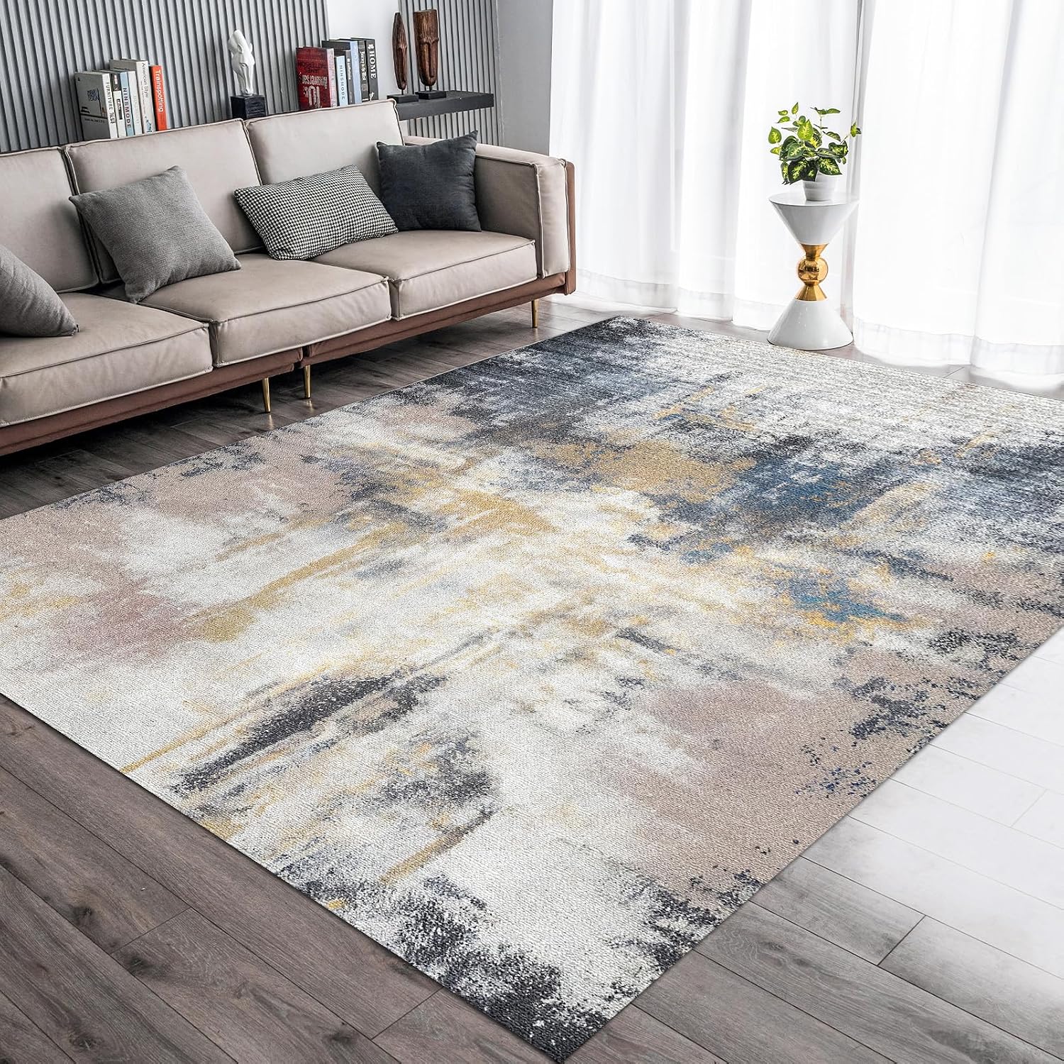 Grey 5x7 Washable Abstract Ultra-Thin Area Rug